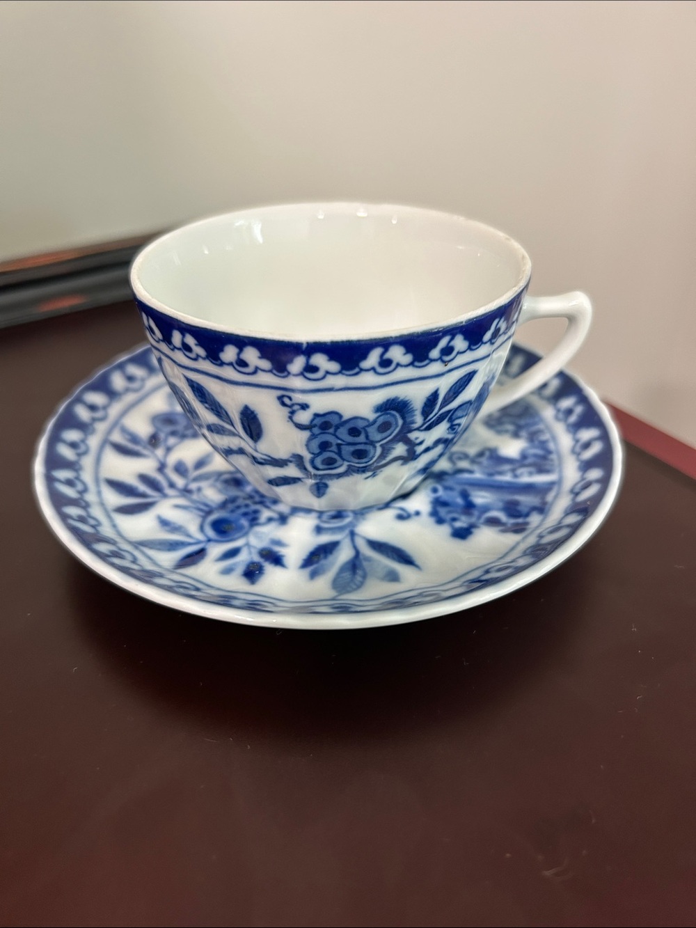 Blue and White Floral Teacup with Saucer.  Chinoiserie Delftware